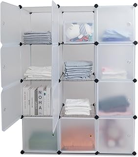 Portable Storage Cubes-14 x14 (12 Cube)-More Stable (add Metal Panel) Cube Shelves with Doors, Modular Bookshelf Units，Clothes Room Organizer for Cubby Cube