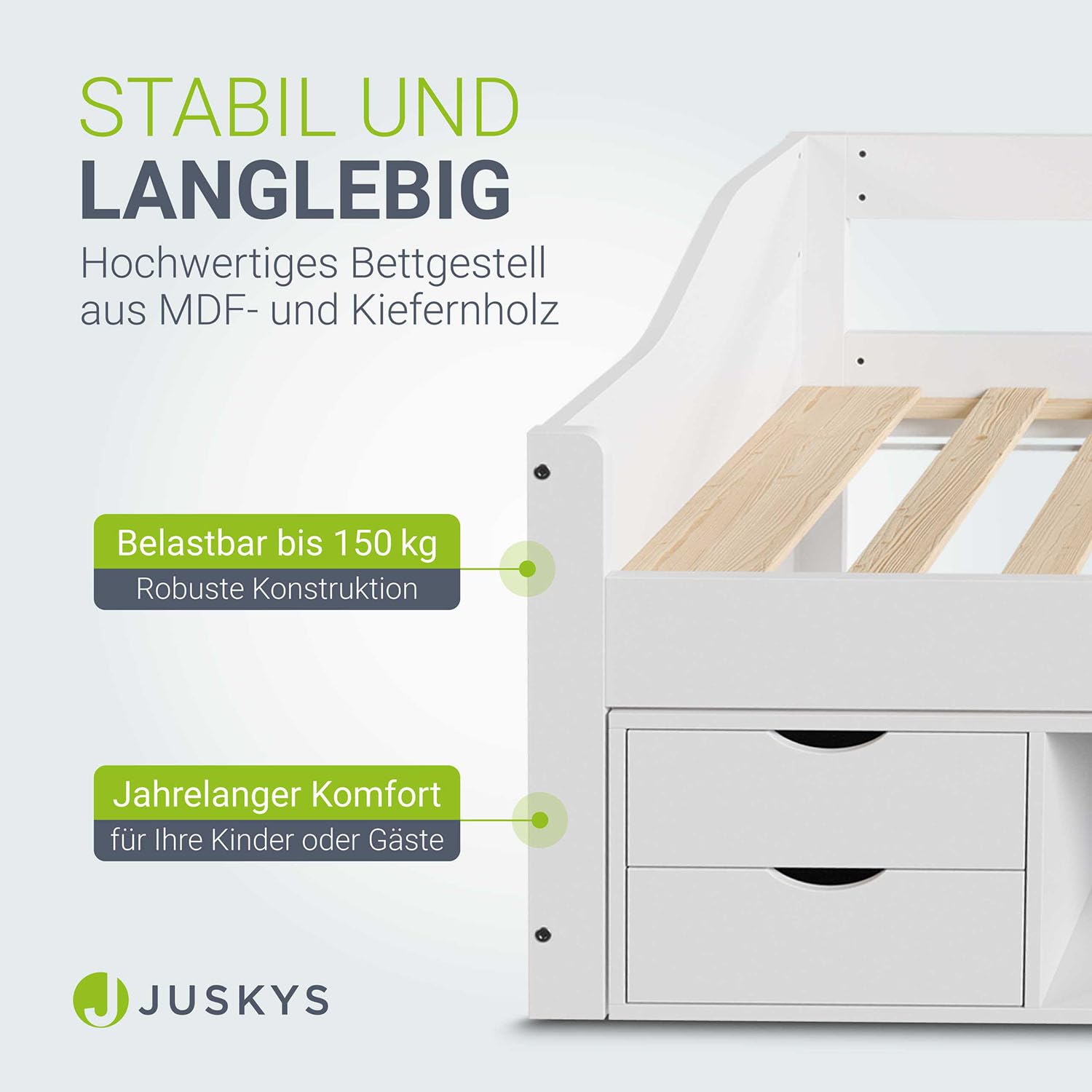 Juskys Funktionsbett Nalu 90x200 cm - Holz Bett mit Lattenrost & Schubladen - Stauraumbett für Kinder - Jugendbett, Kinderbett, Gästebett - Weiß