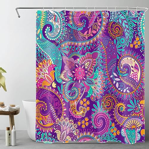 LB Indian Bohemian Shower Curtains Mandala Design Colorful Boho Floral Pattern Paisley Bathroom Curtains Teal Purple Shower Curtains for Bathroom Sets Polyester Fabric 60"x72" with Hooks