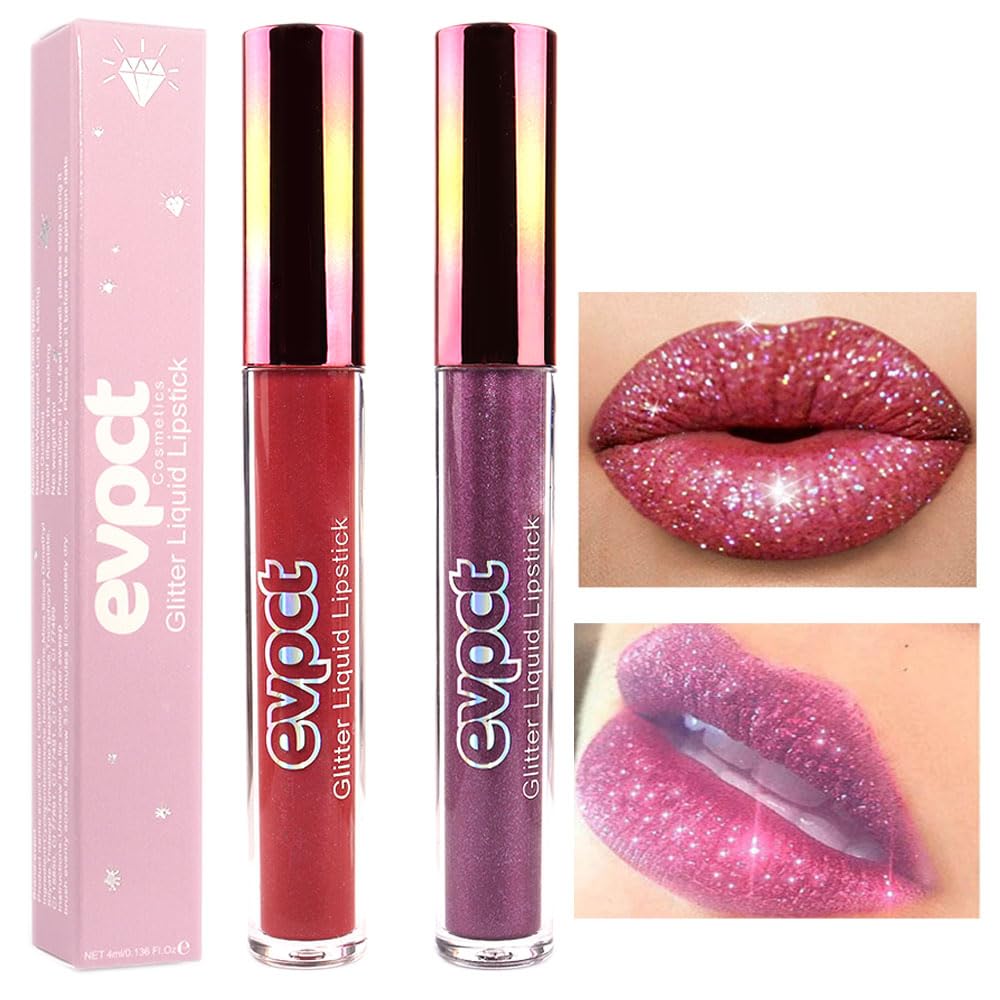 evpct2Pcs Plum & Dark Wine Red Matte to Glitter Liquid Lipstick Long Lasting Lip Set Kit for Women Diamond Shiny Glitter Sparkly Glossy Metallic Shimmer Sparkle Waterproof Lipstick Lip Gloss 06+13