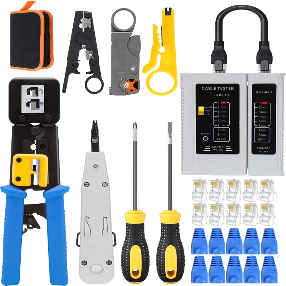 LETBUY-TechLETB Network Tool Kit Set, Cable r Repair Tools Wire Stripping Cutter, Coax Crimper Plug Crimping, Punch Down RJ11 RJ45 Cat5 Cat6 Wire Data Detector Stripper, (A)