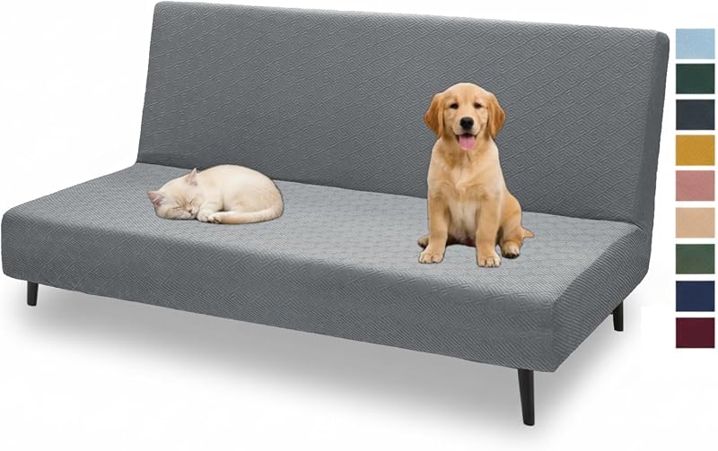 XINEAGE Funda para futón Funda para sofá cama elástica de tamaño completo sin brazos, gris claro | Se adapta a 67-82". Tela duradera de alta elasticidad, que admite mascotas. Ideal para sala de estar, casa rodante o estudio. El elástico antideslizante se mantiene en su lugar.