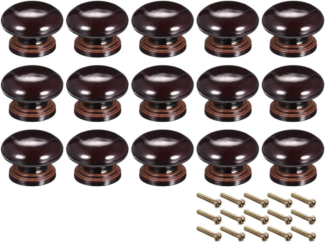 uxcell Round Wood Knobs,15Pcs 34mm Dia Cabinet Furniture Kitchen Pulls Handles for Dresser Drawer Wardrobe, Dark Brown