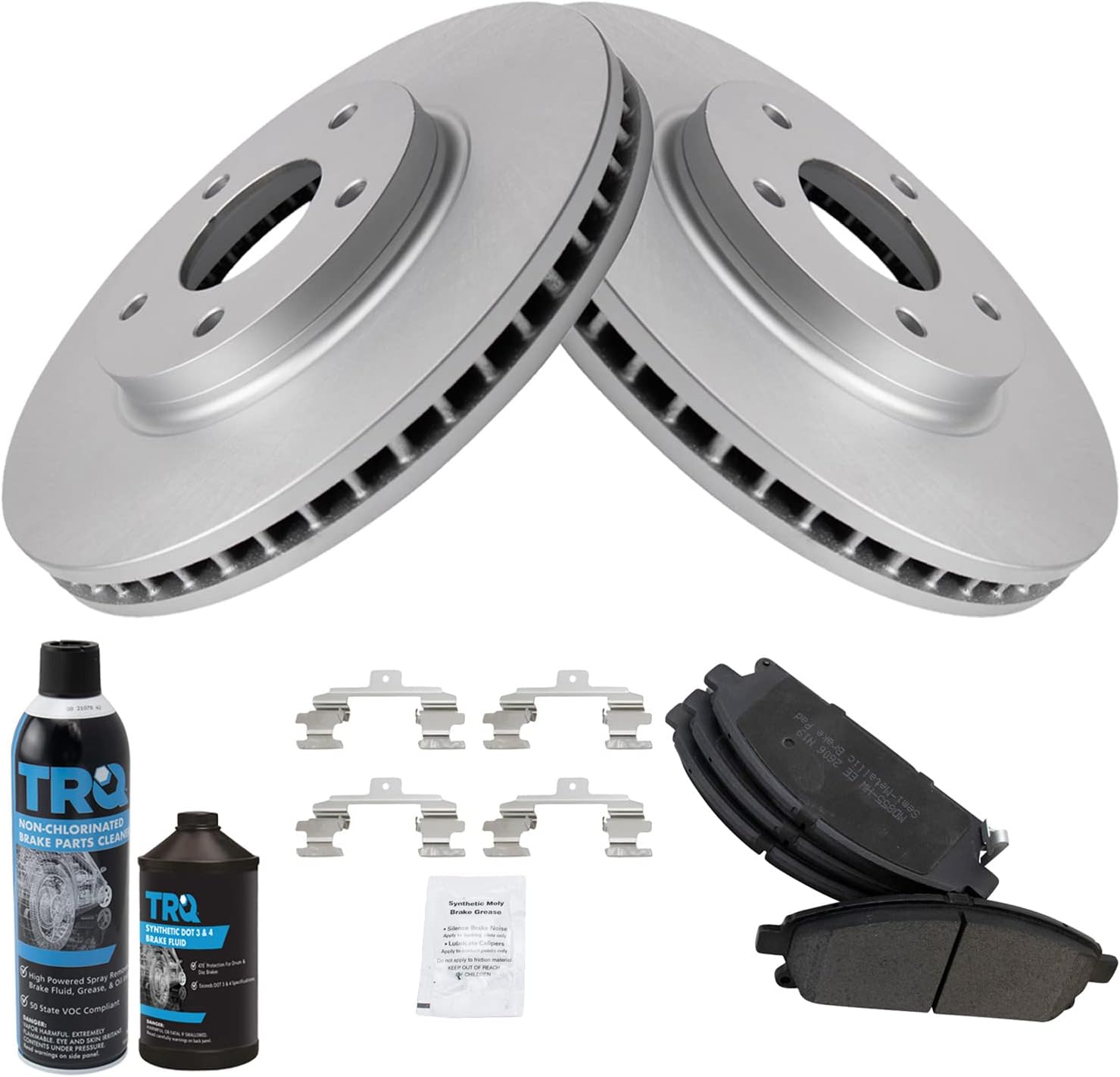 TRQ Front Brake Pad & Rotor Kit Brake Chemical Kit Brake Pads Brake Rotor Semi-Metallic Premium G-Coated Compatible with 2004-2009 Nissan Quest