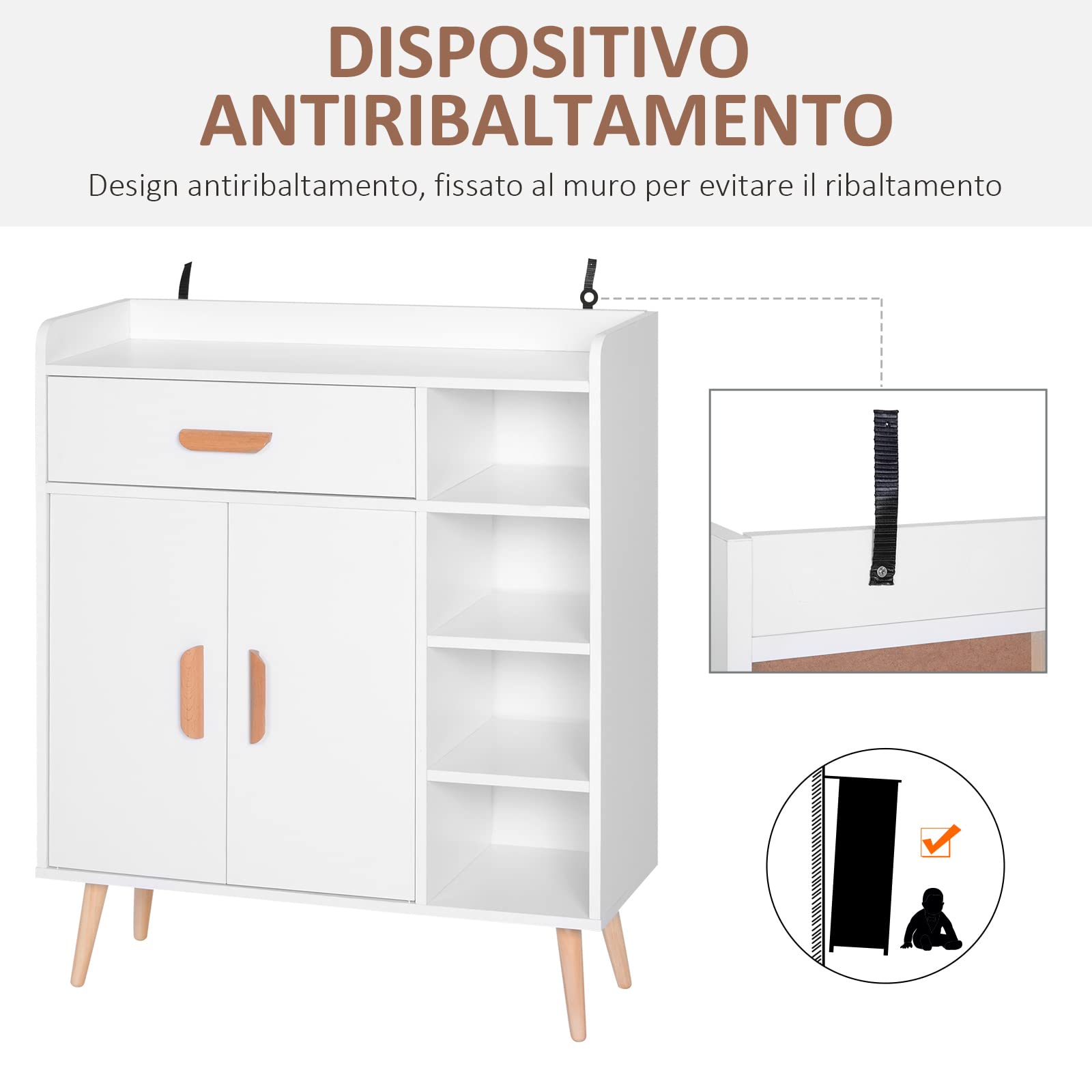 HOMCOM Credenza Moderna con Armadietto e Cassetto, Mobile Multiuso in Legno per Cucina e Salotto, 80 x 29.5 x 96cm Bianco