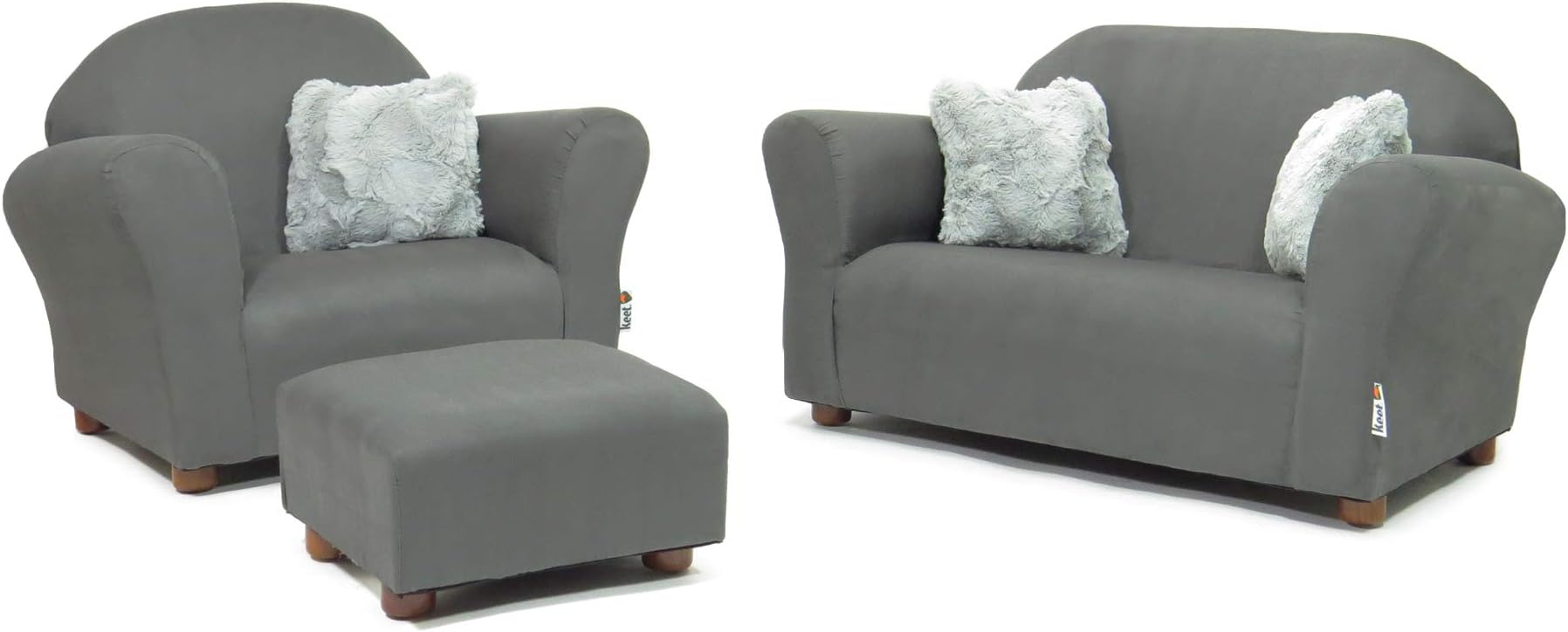 Keet Plush Childrens Set, Sofa, Chair and Ottoman, Charcoal/Grey