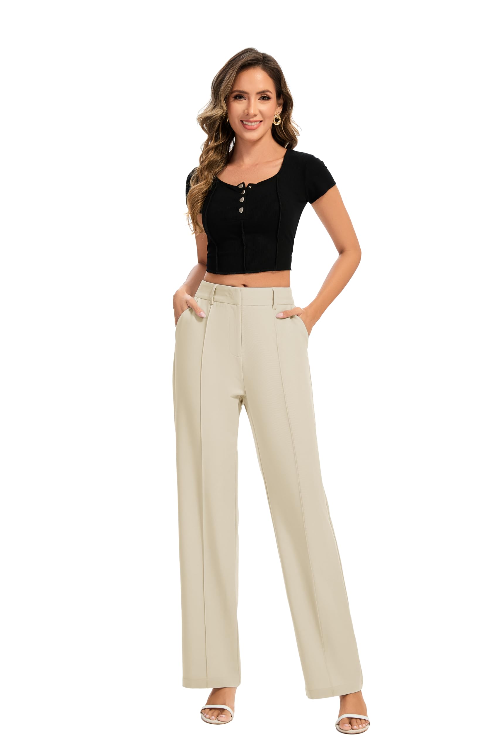 FUNYYZO Women Long Dress Pants High Waisted Work Pants Dressy Casual Straight Leg Elastic Waist Trousers