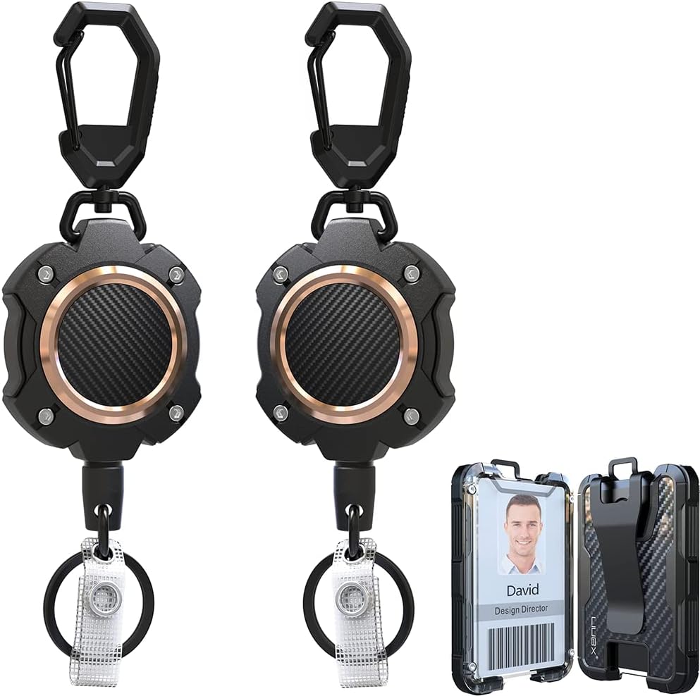 LIUGX Retractable Badge Holder, Heavy Duty Carabiner Keychain, Tactical ID Card Holder with 31.5" Retractable Badge Reel, Black