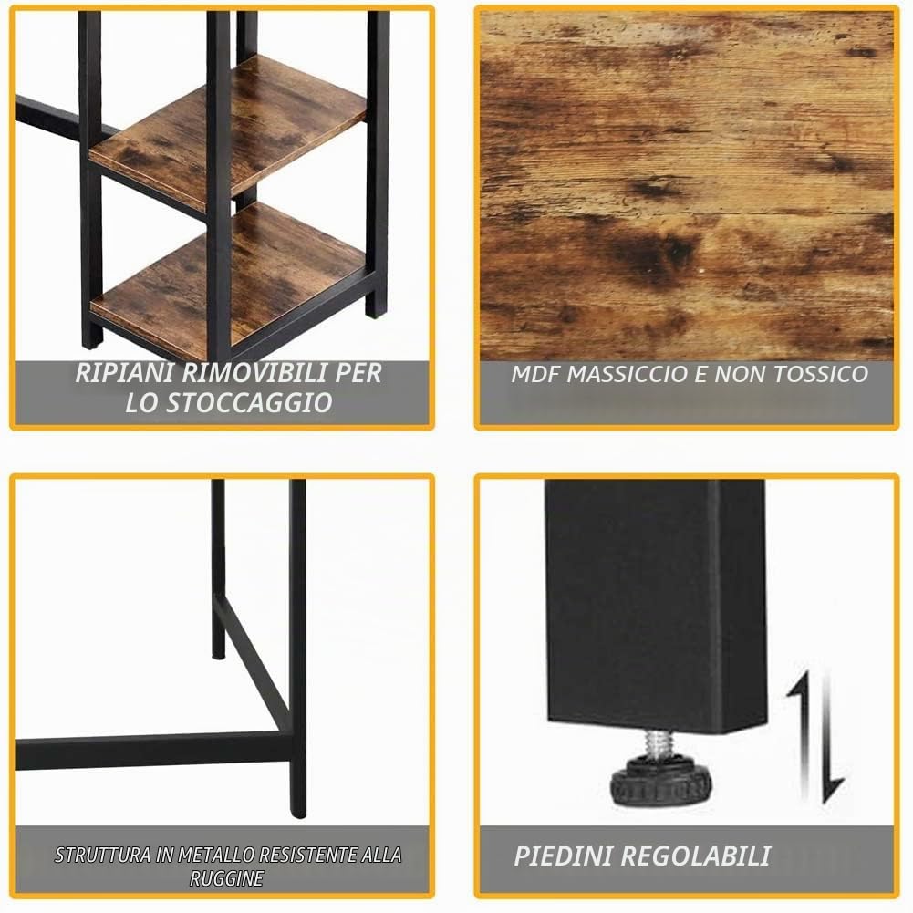 BAKAJI Scrivania Angolare a L, con Libreria 2 Ripiani, Tavolo da Lavoro Porta Pc Computer, Struttura in Metallo Nero e Piano in Legno Effetto Anticato Arredamento Ufficio Design Stile Industriale