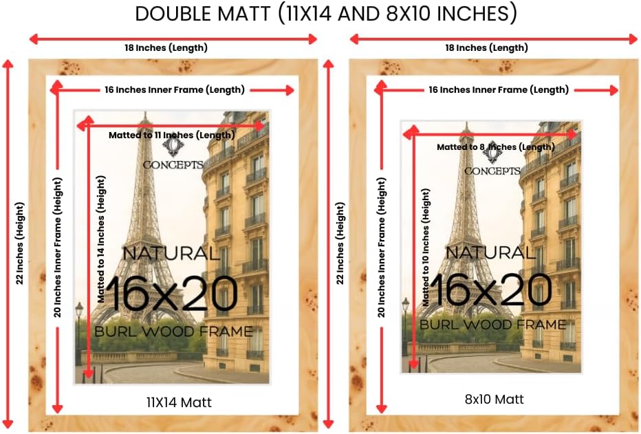 concepts set of 4-16x20 matted to 11x14 and 8x10 burl wood picture frames - natural wood finish picture frames for family photos - elegant wallhung decor in bulk natural 16x20