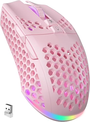 SOLAKAKA SM600 Pink Wireless Gaming Mouse Bluetooth with Honeycomb Shell, Side Buttons,Tri-Modes(BT5.1+BT5.1+2.4GHz) Lightweight RGB Wireless Mouse for PC/Tablet/Desktop/Office/Games