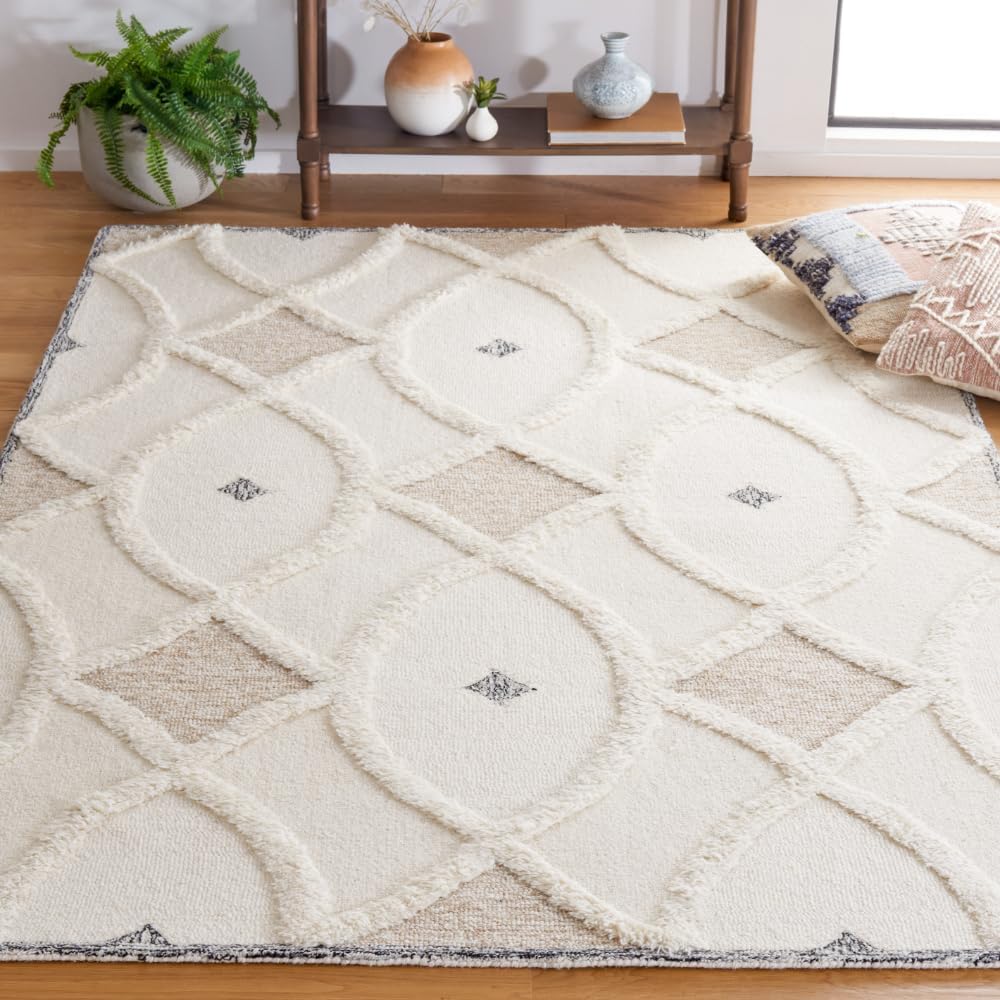 Ivory and Brown 6' x 9' Hand-Tufted Wool Shag Rug