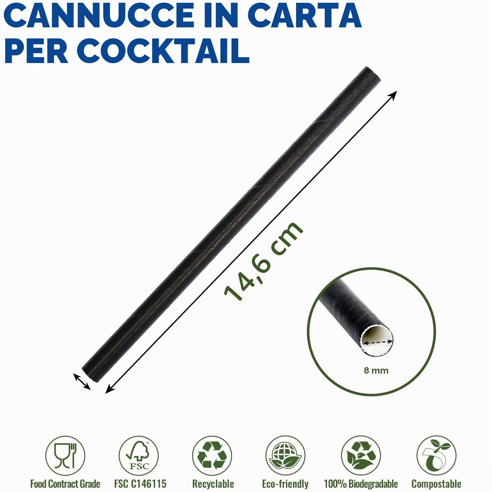 Cannucce di carta monouso da 14,6 x 0,8 cm, 250 unità, per cocktail, margarita, bevande miste, casa, bar e ristoranti