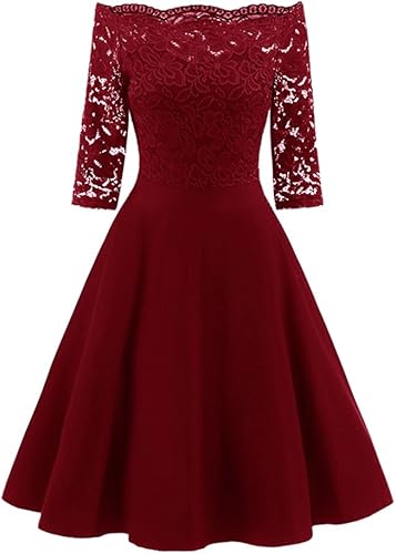 TianWlio Kleid Damen Mode Jahrgang Spitzen Patchwork Aus Schulter Cocktailparty Retro Swing Kleid Schwarz Rot Marine S-XXL