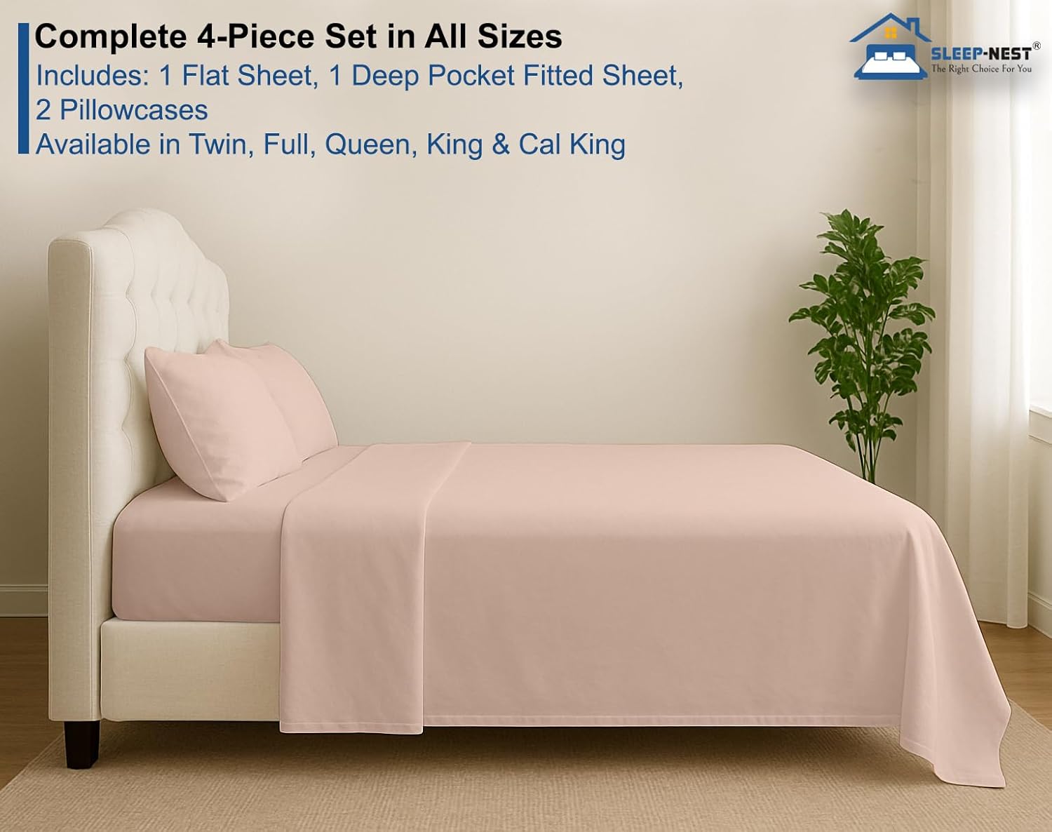 100% Egyptian Cotton Bed Sheets - 600 Thread Count 4-Piece Twin XL Sheets Set, Long Staple Cotton Bedding Sheets, Sateen Weave, Luxury Hotel Sheets, Fits Upto 16" Mattress Deep Pocket, Blush