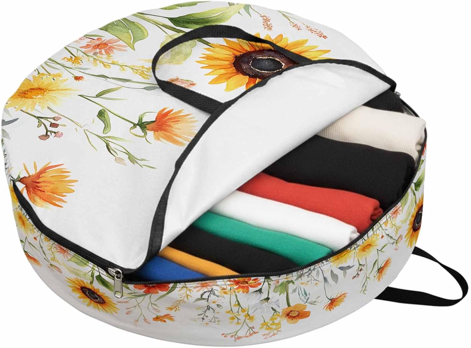 Pastoral Sunflowers Round Storage Bag 36 Inch, Farmhouse Floral Plants Leaves Clothes Storage Container with Handles Heavy Duty Organizer for Comforter, Bedding & Holiday Wreaths