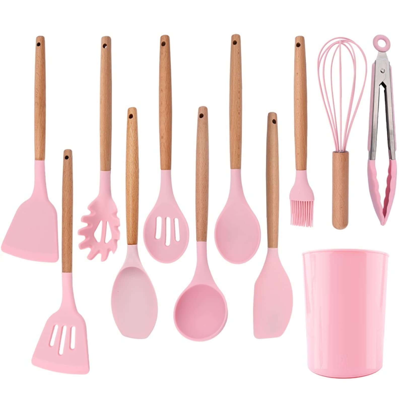 Kochutensilien-Set mit Holzgriff, Silikon, Küchenutensilien-Set, antihaftbeschichtet, Spatel, Schaufel, Eierschlägel, Set, 12-teilig, Rosa