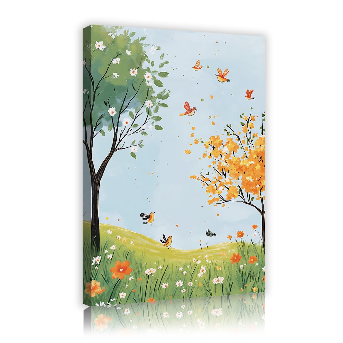 Via Vela Birds Canvas Wall Art Nature Tree Landscape Painting Colorful Wildflower Meadow Picture Modern Floral Artwork for Living Room Bedroom Office Decor 70x110cm