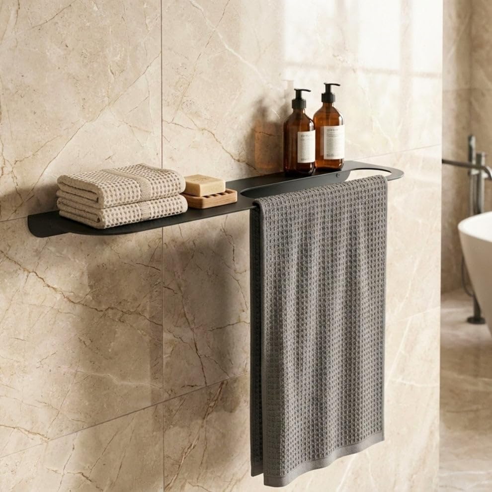 GRANDMIX 4-Tier Wall Mounted Metal Towel Rack – Space-Saving Bathroom Storage Organizer with Wood Accents, Modern Industrial Design for Towels, Linens & Blankets (Black)