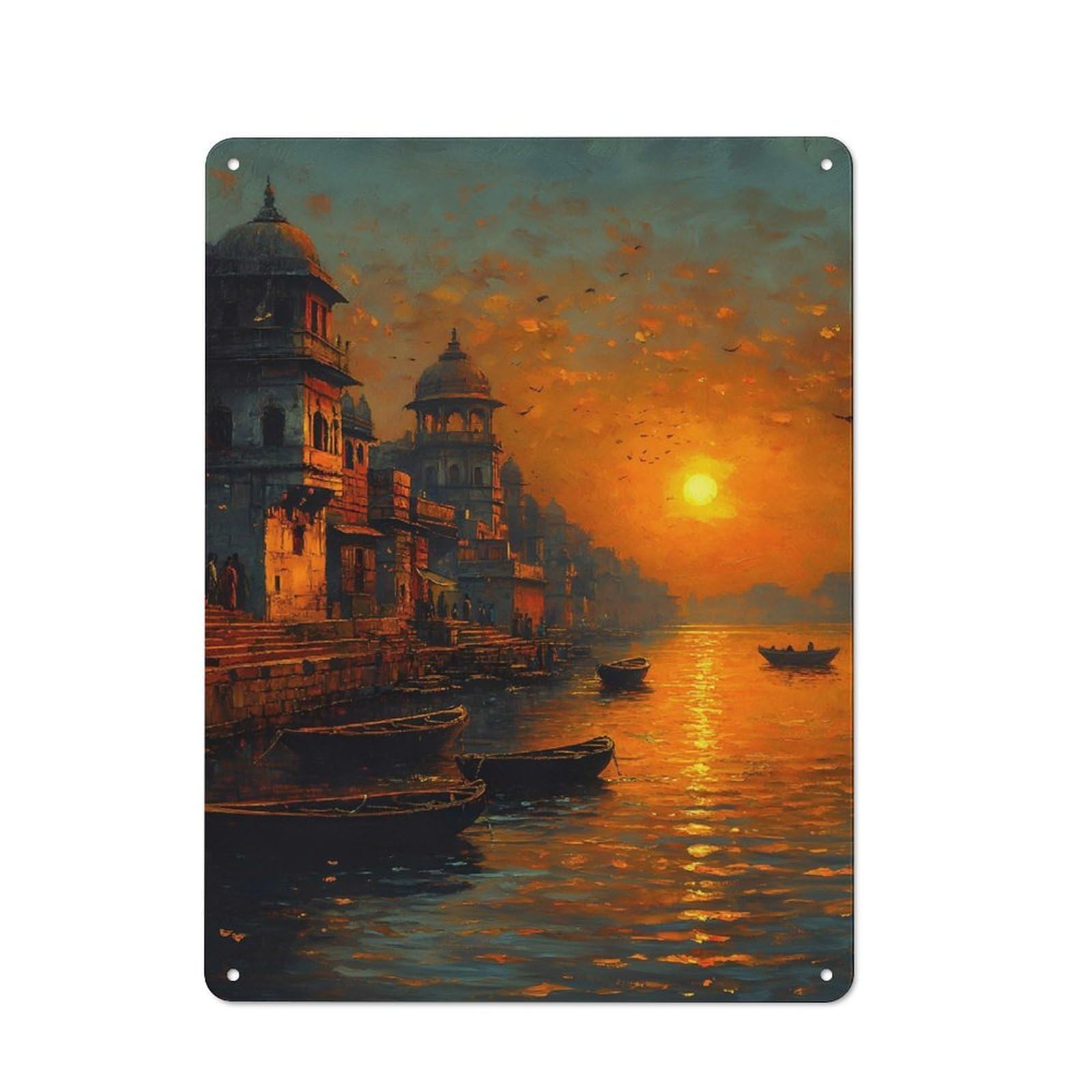 Junmoney Style-1 For Hobby Room Or Studio, Sunset Over Ganges River With Boats Retro Metal Sign 40X30cm, A Decorative Gift For A Newly Furnished Hobby Room And Studio