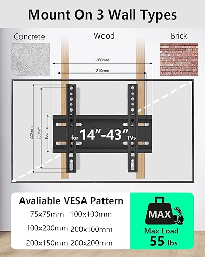 Miniatura 3 de Soporte fijo de pared para televisores de pantalla plana de 14 a 43 pulgadas, soporte de montaje de TV de perfil bajo que soporta 55 libras, soporte