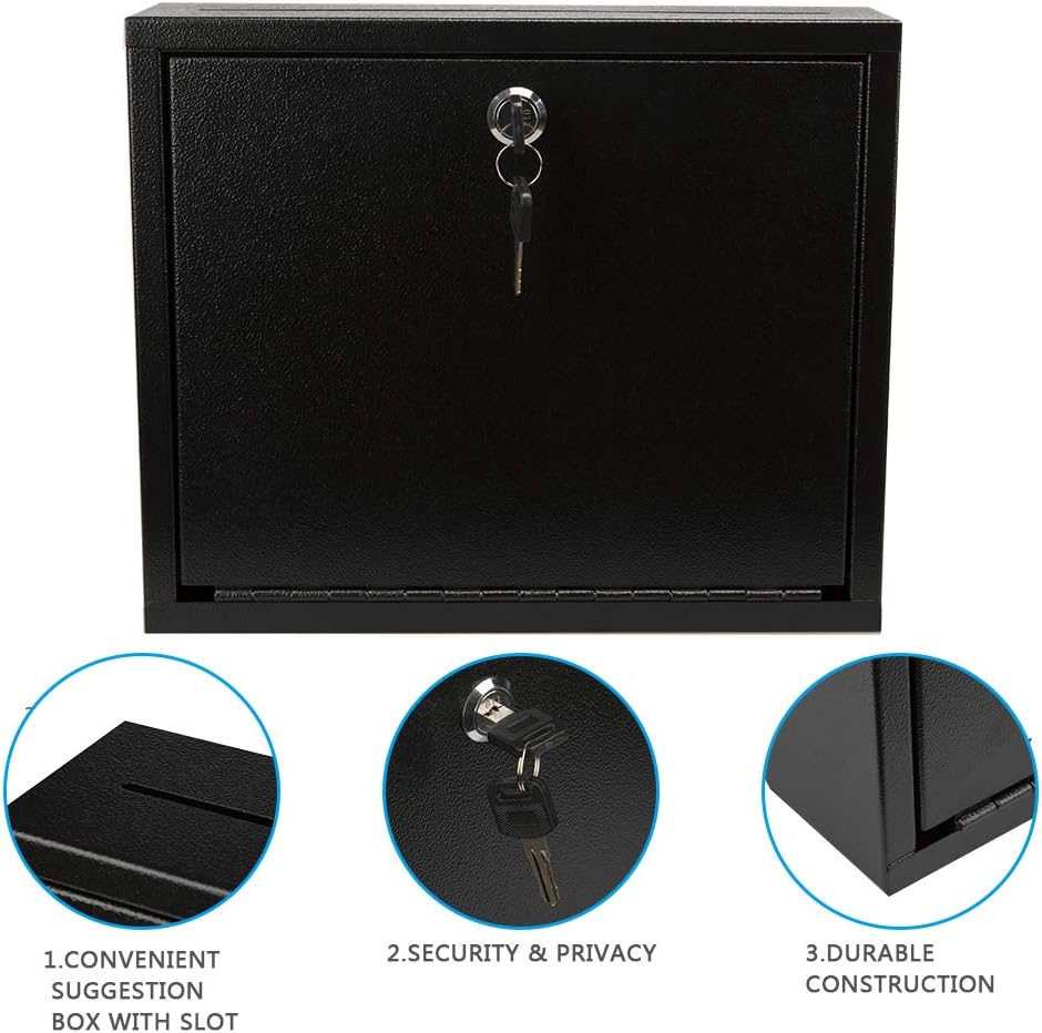 Kyodoled Suggestion Box with Lock Wall Mounted,Mail Box, Key Drop Box Cards, Safe Lock Box,Ballot Box,Donation Box,3W x 10H x 12L Inch Black : Office Products
