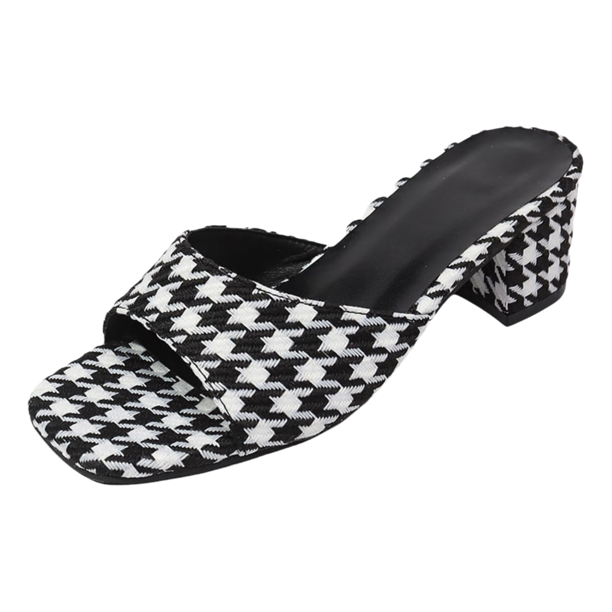 FRHDTVFN Women's Houndstooth Block Heel Slide Sandals, Black and White Pattern, Square Toe