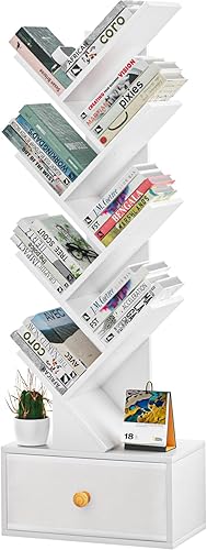 Estantería de árbol de 8 niveles con cajón, estantería de madera de pie para sala de estar, dormitorio, oficina en casa, organizador de