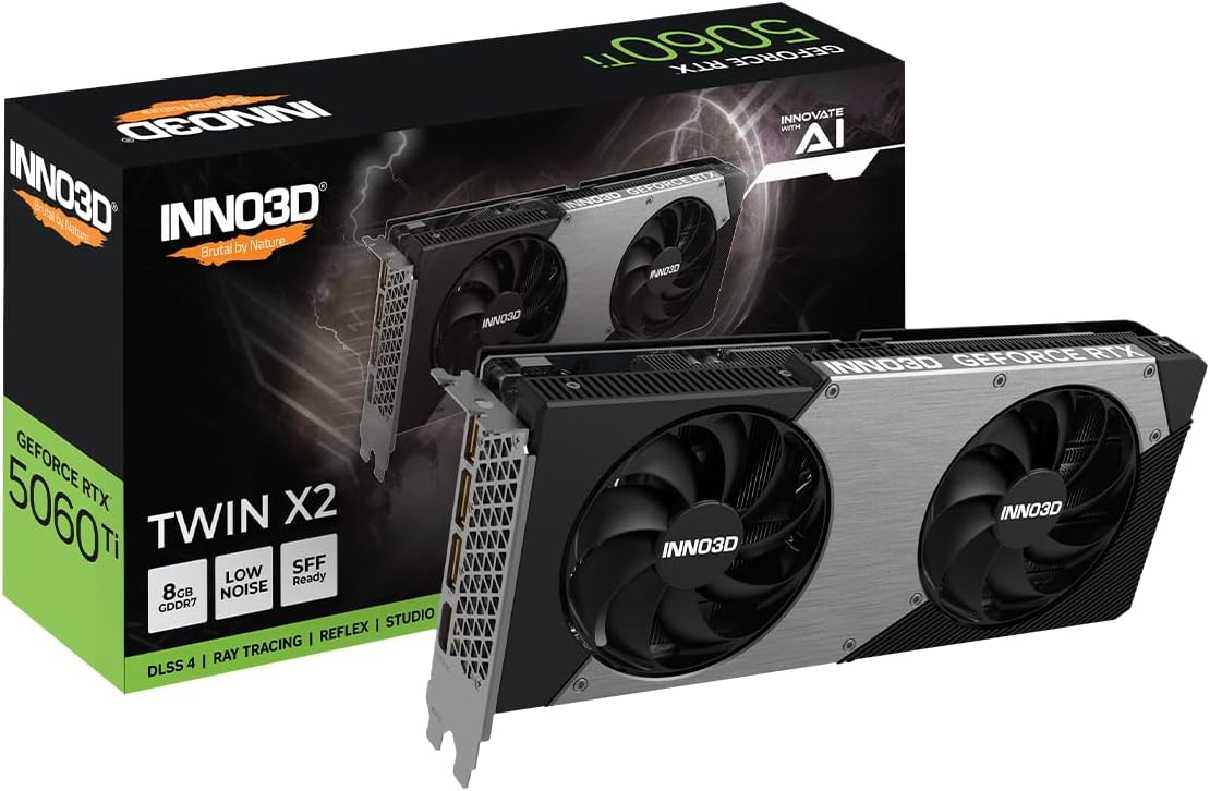 INNO3D NVIDIA GeForce RTX 5060 Ti Twin X2 8GB GDDR7 Gaming Graphics Card Dual Fan 2 Slot Reflex 2 RTX AI DLSS4