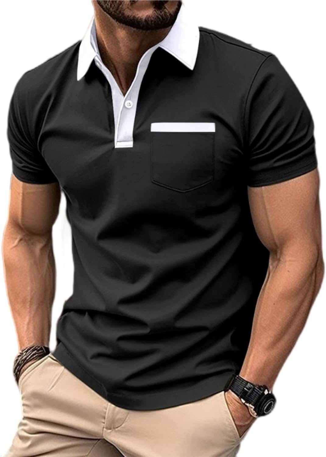 Mens Short Sleeve Polo Shirts Casual Summer Button Basic Shirt Classic Golf Fashion Tops with Pocket