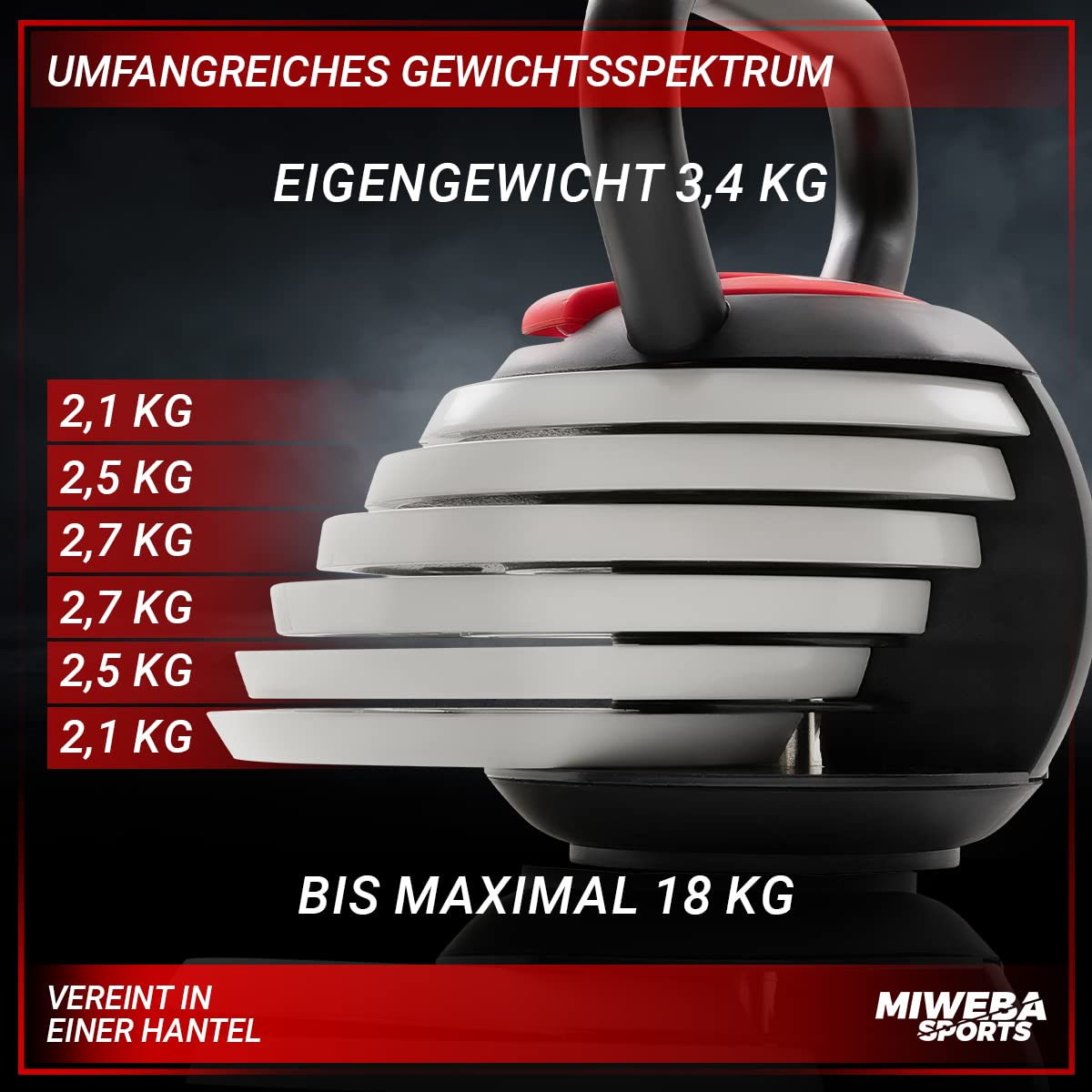 Miweba Sports Kettlebell verstellbar KB300 | 3,5-18 kg Gewichte - Easy Lock Kugelhantel - Einstellbares Kugelgewicht - Schwunghantel - Kettlebells - Hanteln - Fitness Hantel für Indoor & Outdoor