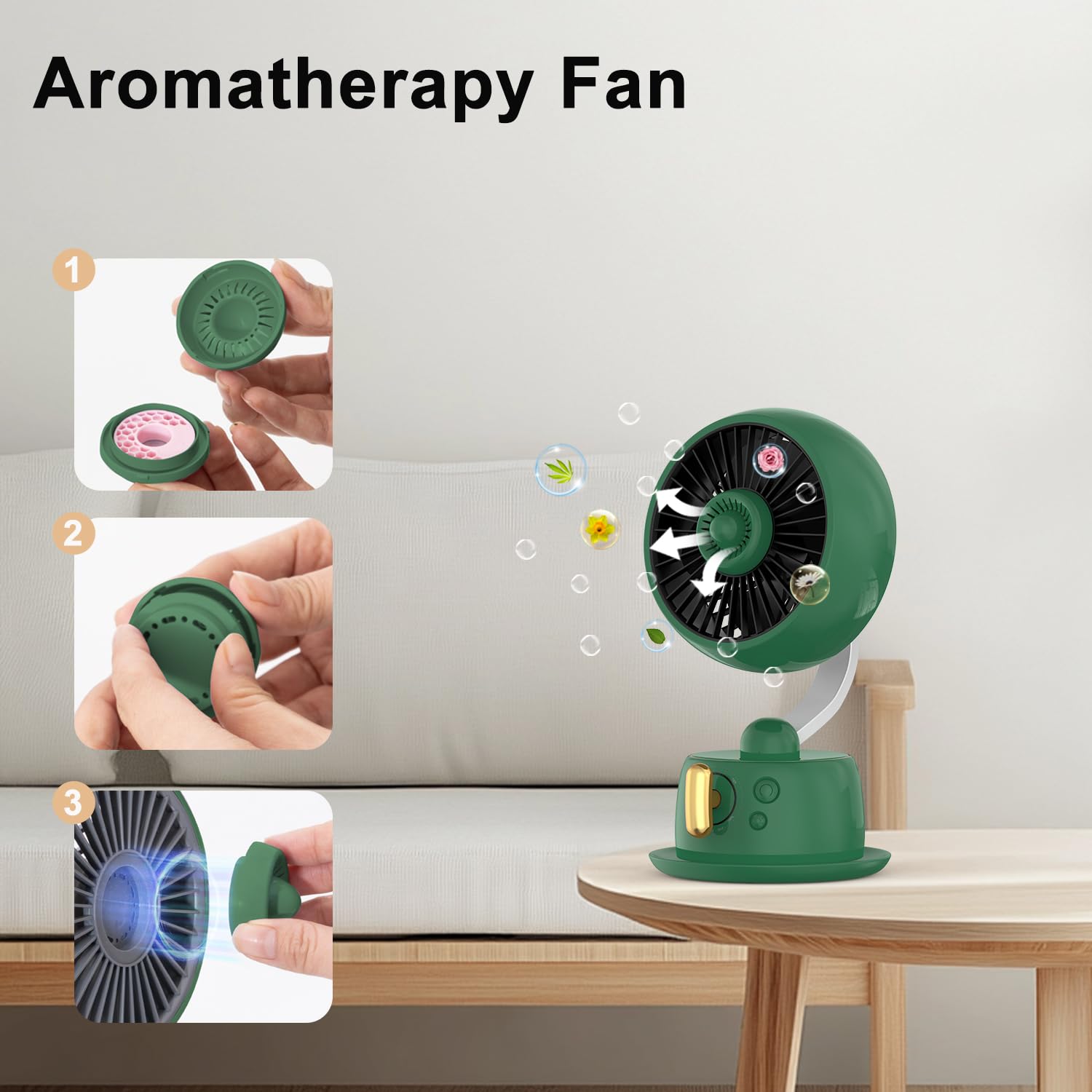 Ventilatore magnetico da scrivania per aromaterapia, batteria da 10 ore, oscillazione automatica a 120° e silenzioso 27 dB, ricaricabile USB-C, ventilatore da ufficio con luce notturna, compatto, per