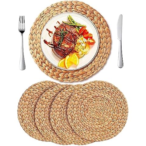 DAJAMAI Boho Placemats Set of 4, Round Woven Placemats for Dining Table, 13.8 inches Water Hyacinth Wicker Placemats, Straw Braided Tablemats, Round Woven Plate Chargers Set Cover