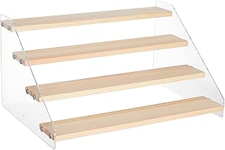 NBEADS 4-Step Acrylic Tiered Display Stand, Wood Display Stands Showing Stand Clear Display Shelf Perfume Model Stand with Adhesive Tape for Crafts Showing Storage Display Collection, 30x21.4x15.8cm