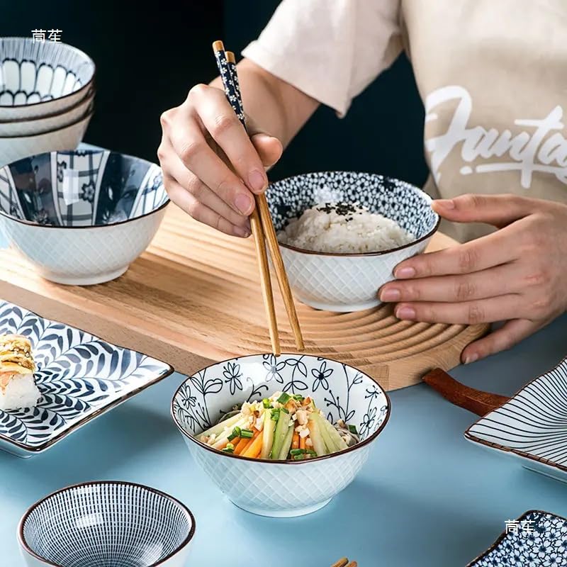 Image of 6-Piece Ceramic Dinner Set, 2 Plates & 4 Bowls, Microwave Safe, Dishwasher Safe, Floral Dinnerware (Blue & White Pattern, 1 Plate, 4 Bowl & 4 Chopsticks)