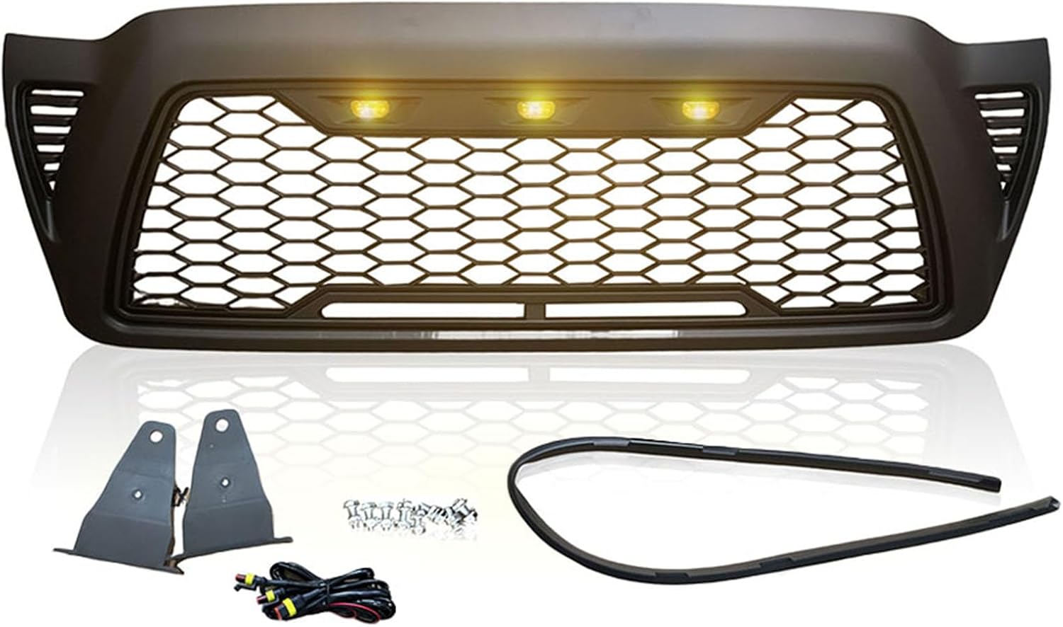 Front Grille with 3 LED Lights for Tacoma 2005 2006 2007 2008 2009 2010 2011 Matte Black Bumper Grille