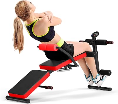 Abdominal Bench Adjustable Weight Bench for Full Body Exercise Foldable Strength Training Bench Press with LCD Monitor for Home Gym Body Workout Red