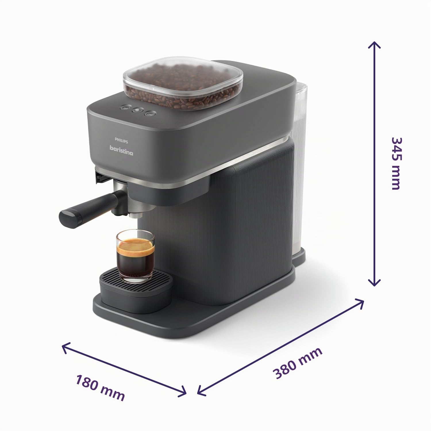 Philips Baristina Machine à expresso, Mouture, tassage et infusion automatiques, 16 bars, Expresso, Lungo, Format compact, Noir avec porte-filtre noir, Machine à café avec broyeur BAR305/60