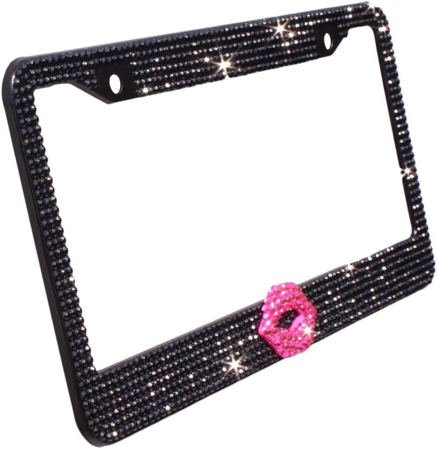 OTOSTAR 1000+ pcs Premium Crystal Waterproof Stainless Steel License Plate Frame Anti-Theft Screws Caps (Black/Hot Pink Lip)