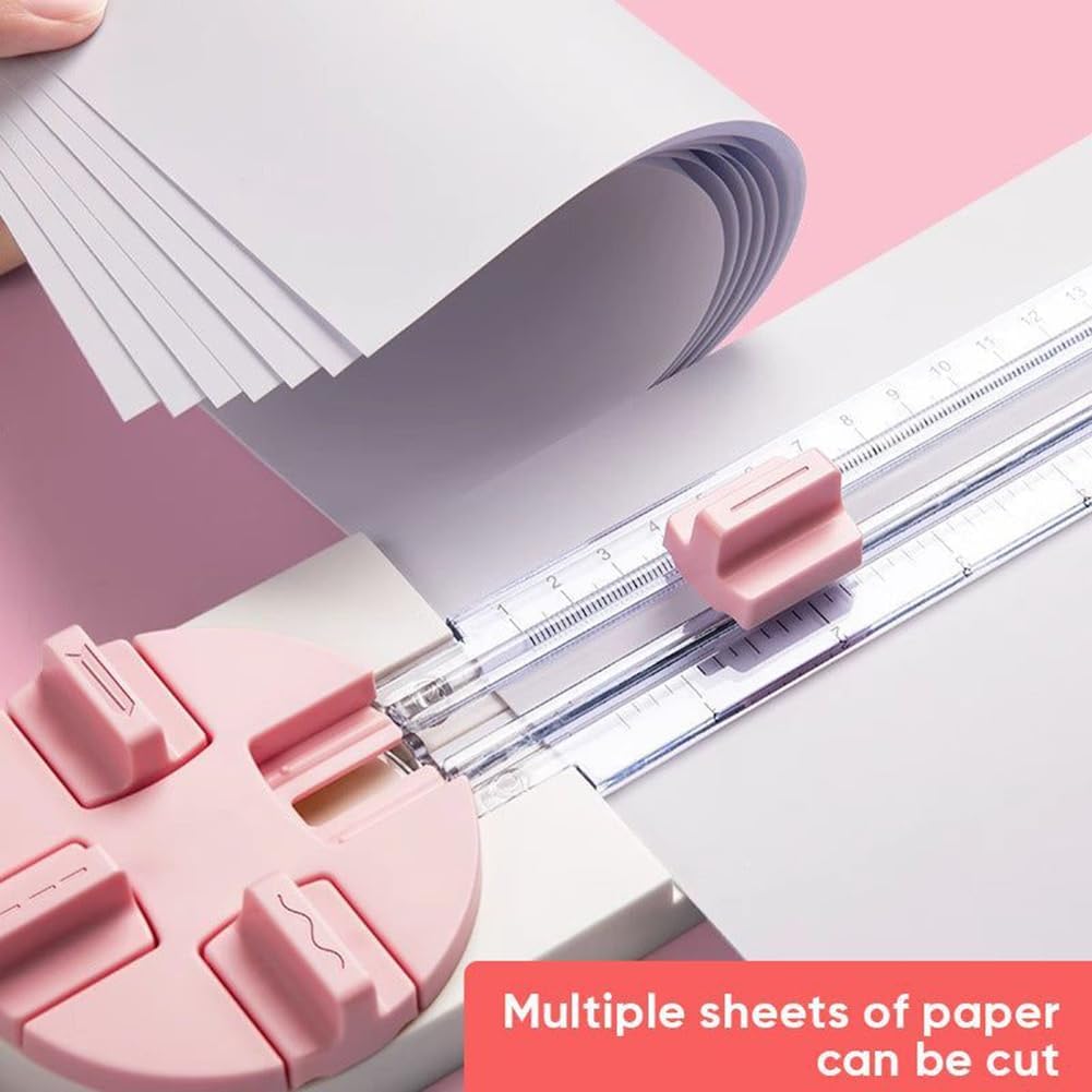 4-in-1 papiersnijder voor het snijden van rechte gestippelde rondingen en vouwlijnen, met automatische veiligheidsbeveiliging en zijliniaal voor knutselpapier, coupon, label en karton (roze 4-in-1 papiersnijder voor het snijden van rechte gestippelde rondingen en vouwlijnen, met automatische veiligheidsbeveiliging en zijliniaal voor knutselpapier, coupon, label en karton (roze