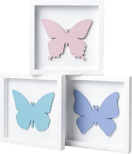 Tide and Tales Decoración de habitación de mariposa 3D para niñas, juego de 3 (7 x 7 pulgadas), arte de pared de madera enmarcado para guardería,