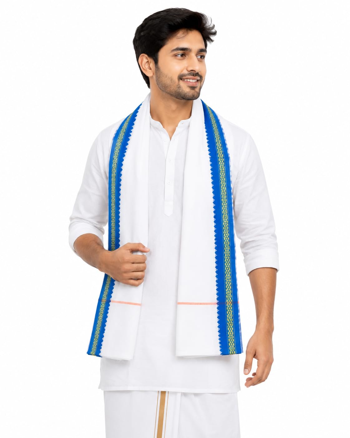 LoomoraIndia Terry Cotton Traditional Gamcha for Men | White Cotton Bath Towel with Blue Border | Soft & Absorbent | Multipurpose Face, Bath & Daily Use Towel | 60 x 24 Inches-picture-36