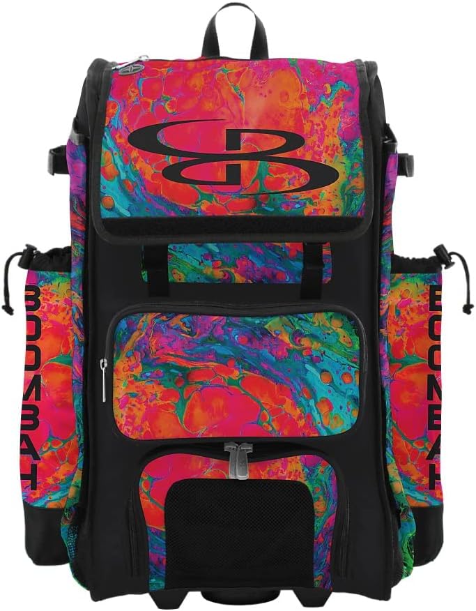 Boombah Rolling Catchers Superpack Baseball/Softball Gear Bag - 23-1/2" x 13-1/2" x 9-1/2" - Lava 3 Multi - Telescopic Handle - Holds 4 Bats - Wheeled Version