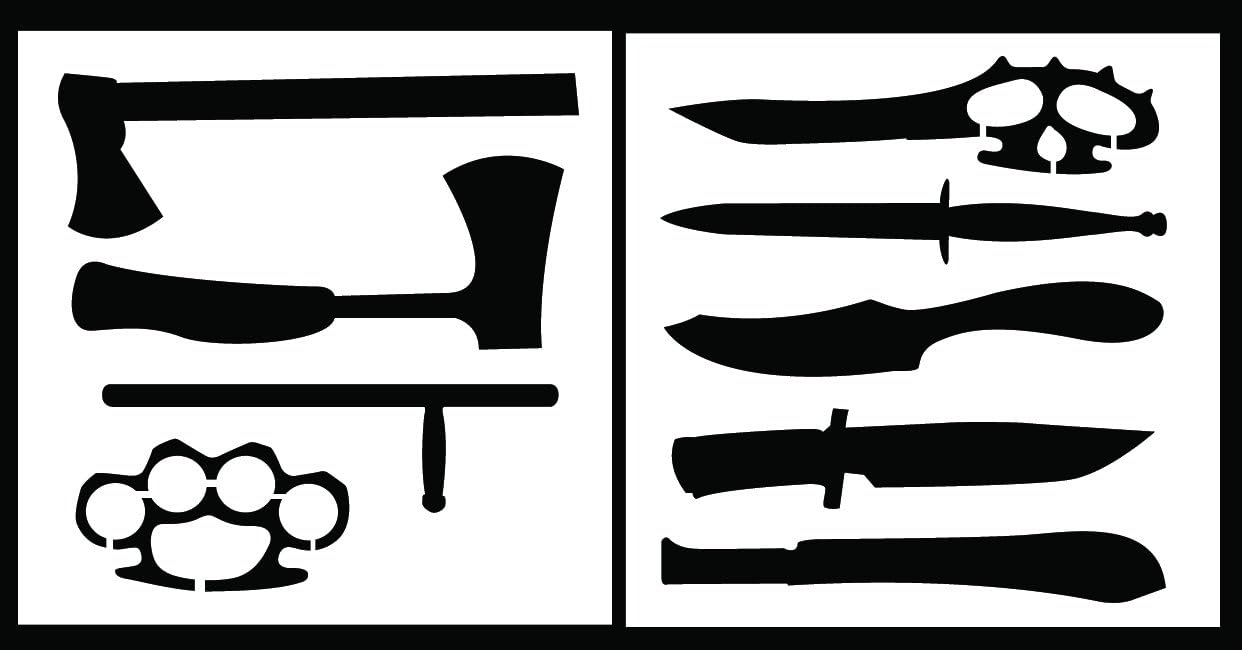 STENCIL-KNIFESET01-10 - Detailed Handheld Weapons Stencil Set - Includes Everything from Knives to Brass Knuckles! - 10-by-10-inch Sheets - (2) Piece Kit - Pair of Sheets