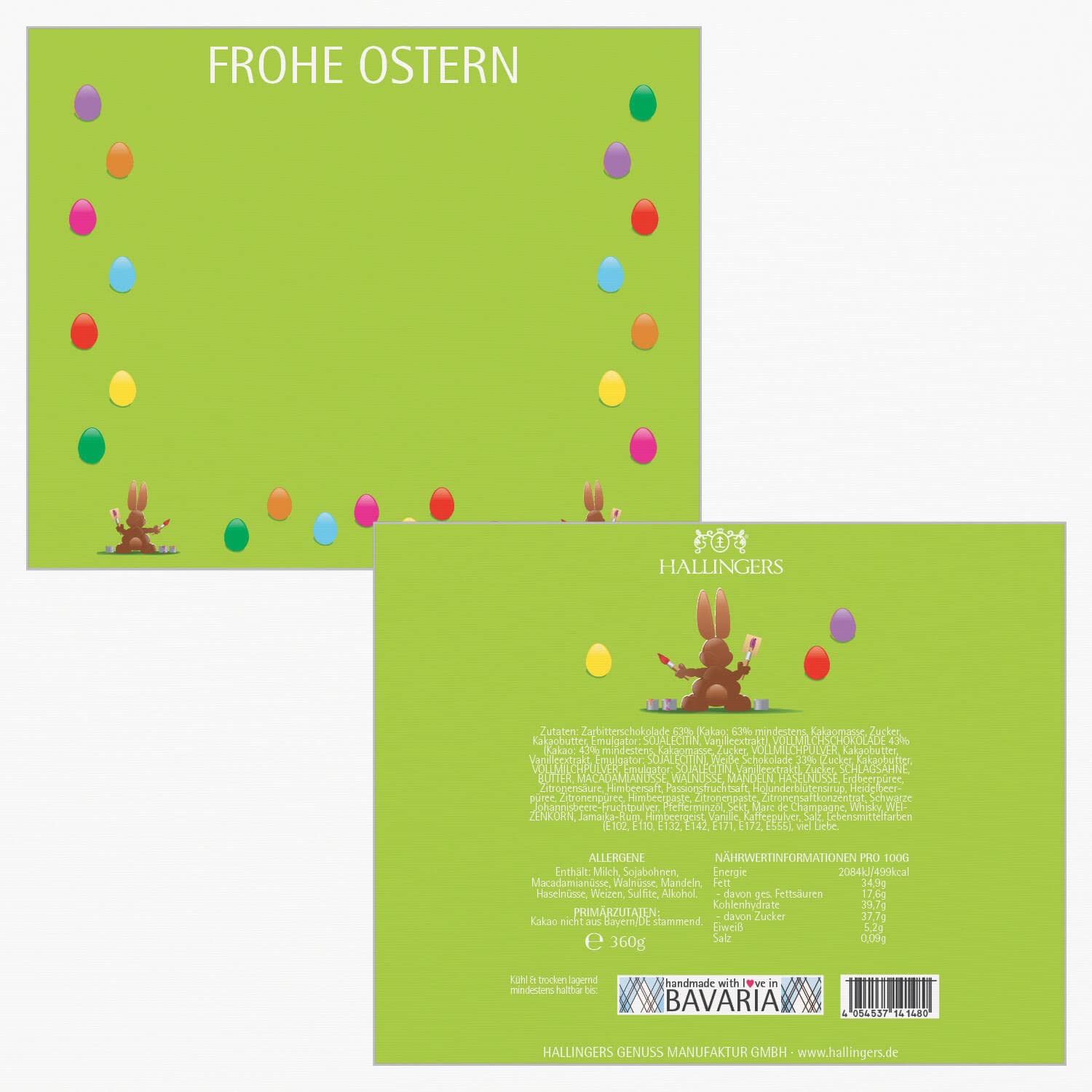 Hallingers Genuss Manufaktur Pralinen Oster-Geschenk - mit & ohne Alkohol, handmade aus Confiserie-Edelkakao in wertiger XXL-Geschenkbox ""Frohe Ostern grün"", Ostern Körbchen für Frauen Männer