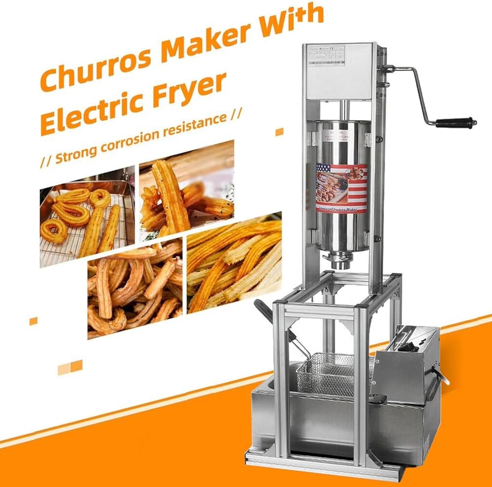 Machine à Churros Commerciale de 5 L, avec Friteuse de 6 L, Machine Manuelle en Acier Inoxydable pour Fabrication de Beignets et Churros Espagnols, avec 5 Buses pour Restaurants et Boulangeries of