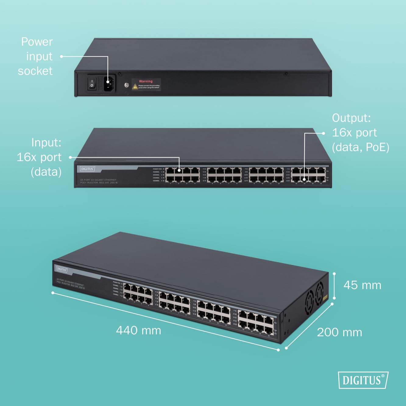 DIGITUS PoE+ Injecteur - 16 ports - IEEE802.3at - 10 Gbit/s - rack 19 pouces - 250 Watt total - jusqu'à 30 Watt/port