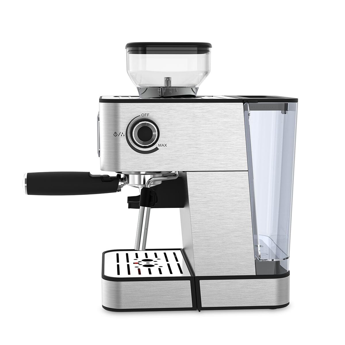 Prixton Caffettiera Espresso Napoli con Macinino Integrato 22 Livelli, 20 Bar, 1350W, Filtro a Doppia Uscita, Vaporizzatore regolabile, Compatibile con Caffè a Grana, Macinato e Capsule