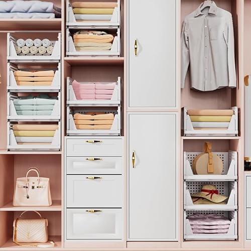 TidyIsles Faltbare Aufbewahrungsboxen für Kleidung, mit Trennwänden, stapelbare Kunststoffboxen für Schlafzimmer, Küche, Bad, Büro, 4 Stück, Weiß