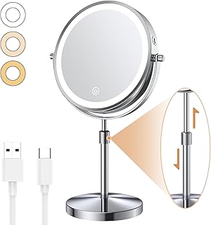 8.5" Large Lighted Makeup Vanity Mirror with 3 Colors Dimmable Lights, Adjustable Height, Rechargeable 1X/10X Magnification Double-Sided 360° Swivel, Cordless Standing Mirror Silver